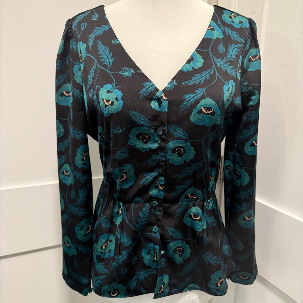 J. Crew Black and Teal Floral Blouse
